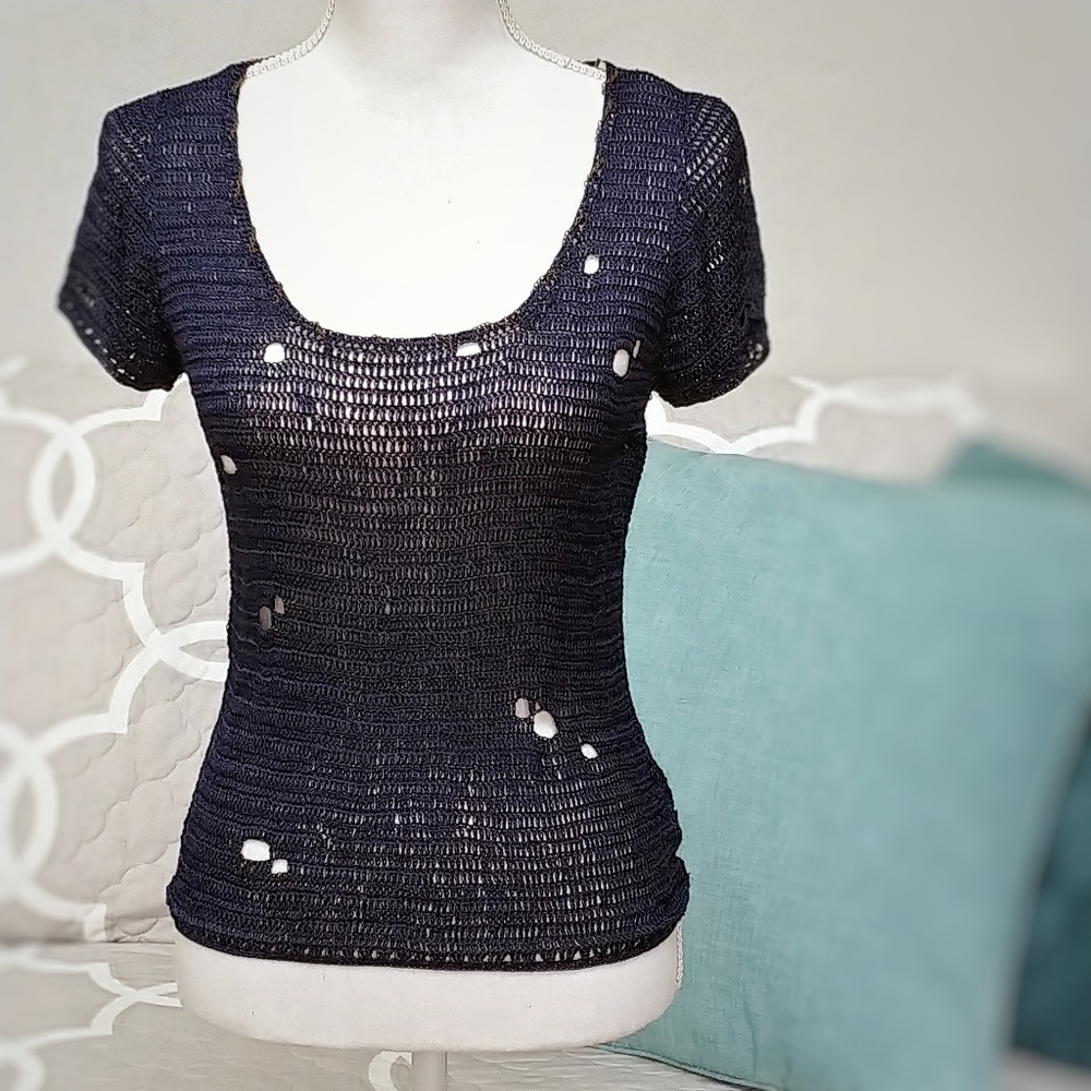 Distressed, Chain Accent, Crochet Top • Navy